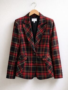 Dark Academia Plaid Blazer Red Black Tartan Preppy Fall Jacket Size 8